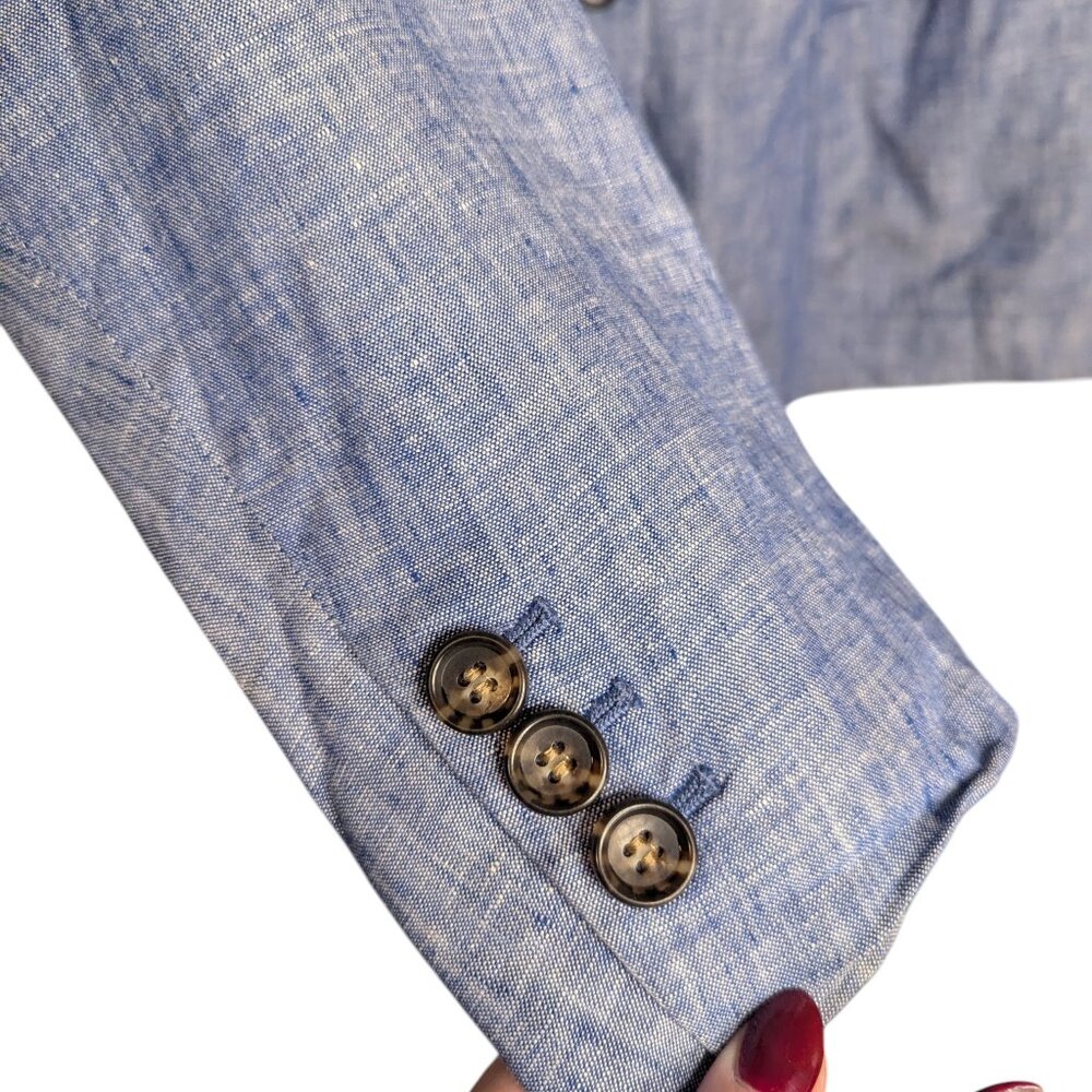 Talbots 100% Linen Blazer Women 20W Blue Chambray One-Button Suit Jacket Coastal - Picture 2 of 7